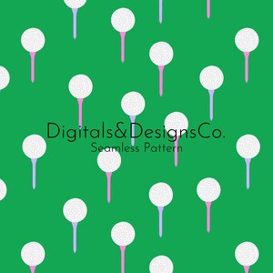 May include: A seamless pattern featuring white golf balls on green tee pegs. The tee pegs are pink and purple. The text "Digitals & Designs Co. Seamless Pattern" is in the center of the image.
