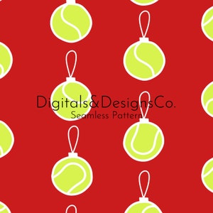 May include: A seamless pattern featuring white tennis ball ornaments with green seams on a red background. The text "Digitals & Designs Co. Seamless Pattern" is in the center of the image.