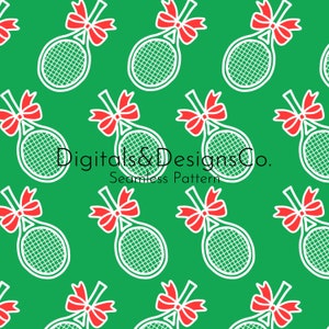 May include: A seamless pattern featuring white tennis rackets with red bows on a green background. The text "Digitals & Designs Co. Seamless Pattern" is in the center of the image.