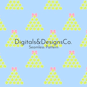 May include: A seamless pattern featuring a light blue background with repeated images of a triangle-shaped Christmas tree made of yellow tennis balls with a pink bow on top. The text "Digitals&DesignsCo. Seamless Pattern" is centered at the bottom of the image.