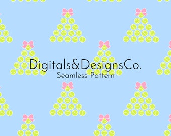 Patrón digital navideño sin costuras / Patrón de repetición sin costuras / Diseño de tenis navideño / Diseño de árbol de Navidad de pelota de tenis / Preppy de lazo rosa