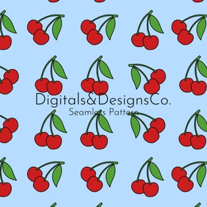 May include: A seamless pattern featuring red cherries with green stems and leaves on a light blue background. The text "Digitals&DesignsCo. Seamless Pattern" is centered on the pattern.