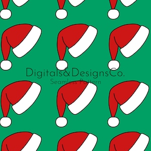 May include: A seamless pattern featuring red and white Santa hats on a green background. The text "Digitals&DesignsCo. Seamless Pattern" is in the center of the image.