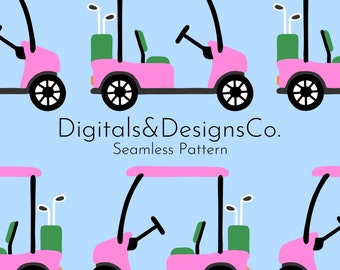 Impresión digital perfecta, lindo y elegante diseño de carrito de golf preppy, azul verde rosa, club de campo, patrón digital continuo, archivos JPG PNG