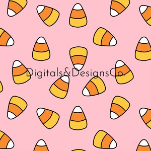 May include: A seamless pattern featuring candy corn on a pink background. The candy corn is yellow, orange, and white.