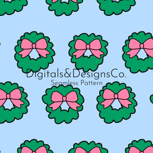 May include: A seamless pattern featuring green wreaths with pink bows on a light blue background. The text "Digitals&DesignsCo. Seamless Pattern" is centered at the bottom of the image.