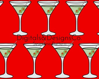 Patrón digital de Martini navideño sin costuras / patrón de repetición continua / diseño festivo de martini / martini sucio / descarga instantánea fácil