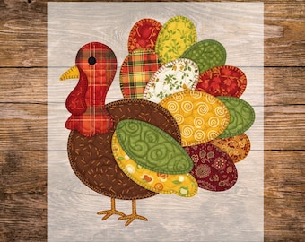 May include: A colorful turkey design ready to press. The turkey features a brown body, red wattle, and a variety of patterned feathers in red, yellow, green, and plaid. The text "DTF TRANSFER" and "READY TO PRESS" are displayed.