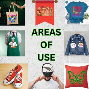 May include: A collection of products including a tote bag with a rainbow design, a red banner with dogs in holiday attire, a blue t-shirt with the word "Cruise", a green apron with a chef graphic, red sneakers, a black and white hat with a dog graphic, a denim jacket with patches, and a red pillow with a green butterfly design.