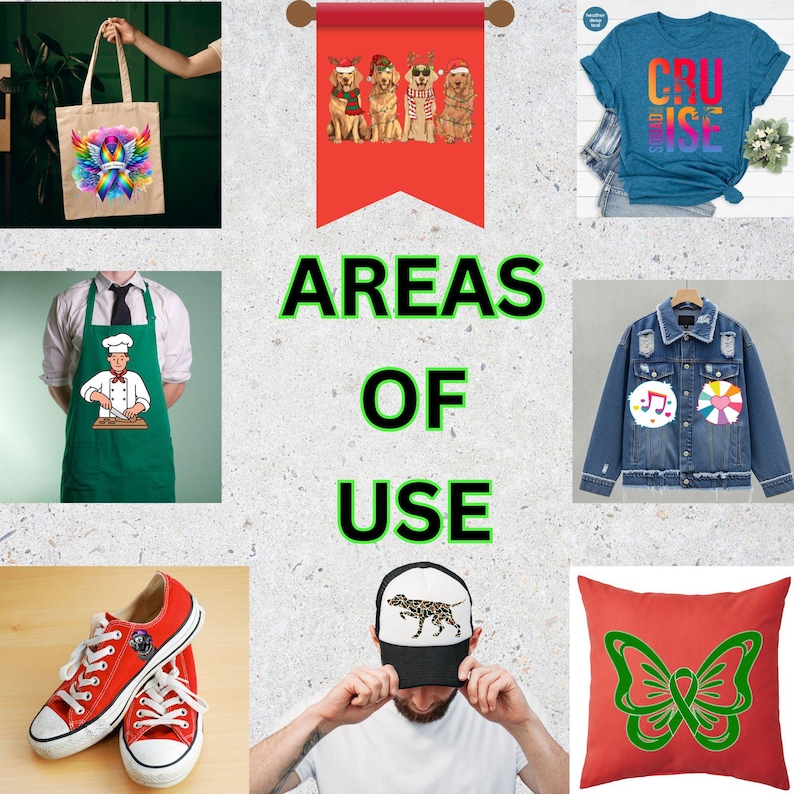 May include: A collection of products including a tote bag with a rainbow design, a red banner with dogs in holiday attire, a blue t-shirt with the word "Cruise", a green apron with a chef graphic, red sneakers, a black and white hat with a dog graphic, a denim jacket with patches, and a red pillow with a green butterfly design.