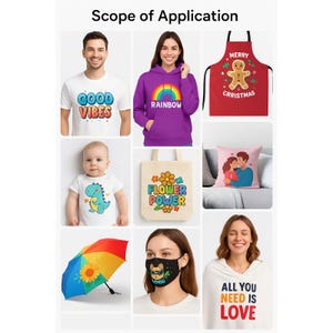 May include: A collection of various items with graphic designs. Includes a white t-shirt with "GOOD VIBES", a purple hoodie with a rainbow, a red apron with a gingerbread man, a baby onesie with a dinosaur, a tote bag with "FLOWER POWER", a pillow with a couple, an umbrella, a face mask, and a white shawl with "ALL YOU NEED IS LOVE".