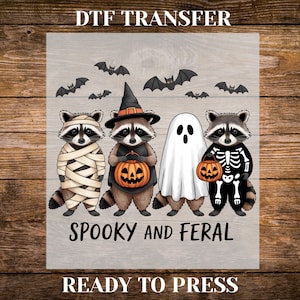 Retro Spooky and Feral Raccoon Ready To Press DTF, Funny Halloween Raccoon DTF Transfer, Pumpkin Raccoon Shirt Iron On, Spooky Season Print