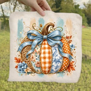 Patchwork-Kürbis-DTF-Transfer, gestreifter Herbstkürbis (zum Aufbügeln bereit), koketter Herbstkürbis-DTF, floraler Herbst-DTF-Transfer im Preppy-Stil, Leoparden-Herbst