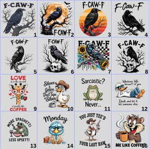 Op de afbeelding: Een raster van zestien grafische ontwerpen met diverse illustraties, waaronder raven op takken, een giraf met een roos, eenden met hoeden, kikkers die spaghetti eten en een stripfiguur die een koffiemok vasthoudt, allemaal met tekst.