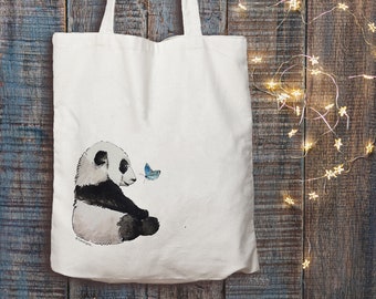 Tote Bag Panda au papillon - sac en toile, sac coton, sac fourre-tout, Shopping bag...