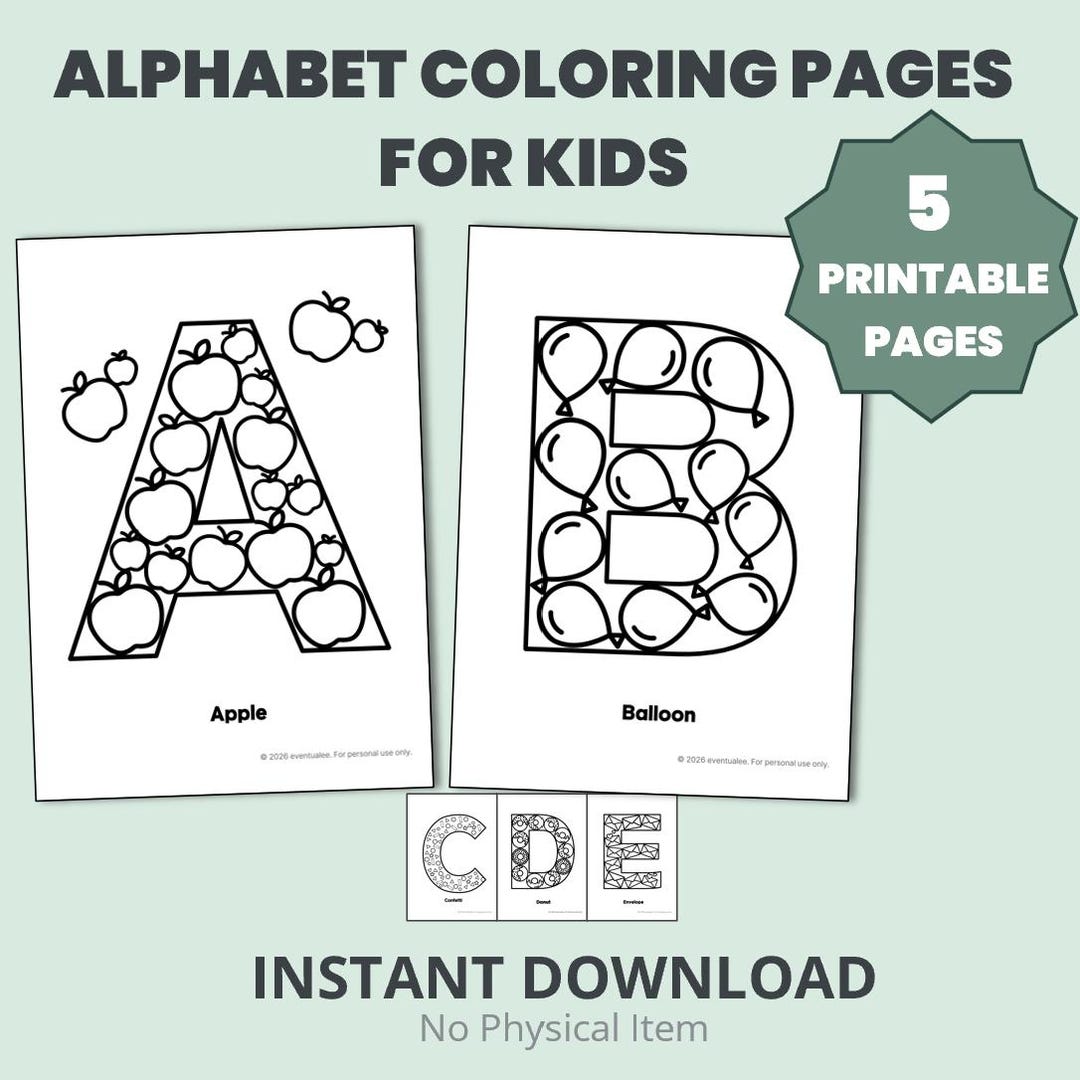 Alphabet Coloring Pages A-E Bundle | 5 Printable ABC Learning Worksheets (instant Download) - Etsy