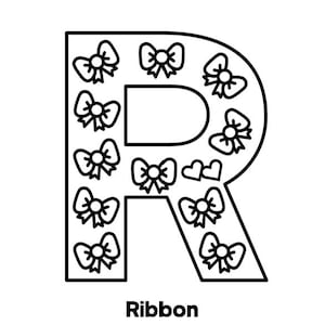 以下が含まれることがあります： リボンのデザインで埋められた文字「R」の白黒イラスト。文字の下には「Ribbon」の文字が書かれています。リボンと文字は黒で縁取られています。
