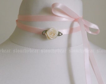Off-white satin rose on pink ribbon, tie choker/necklace