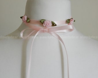 Triple satin rose - ribbon tie choker/necklace