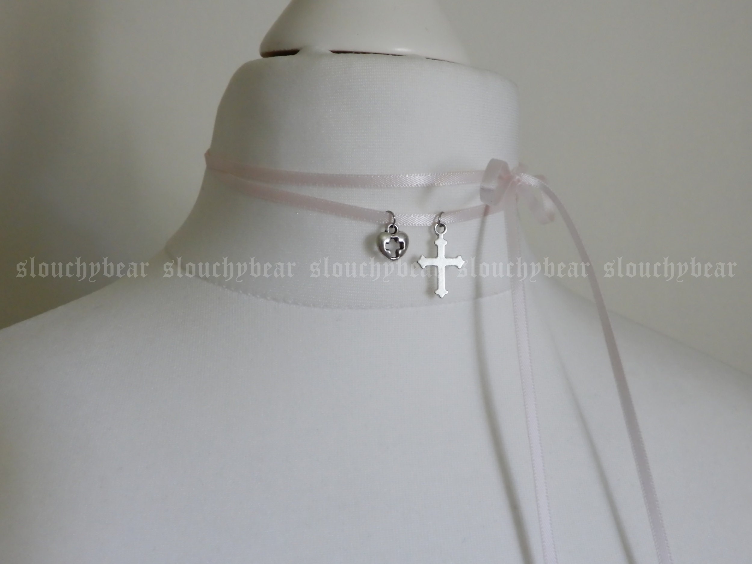 Pale Pink Double Cross Ribbon Tie Choker/Necklace