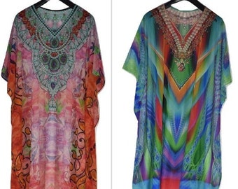 Set of 2 Pcs Long Kaftans, Georgette Embellished Caftan, Light Weight, Digitally Printed, One Size, Free Size