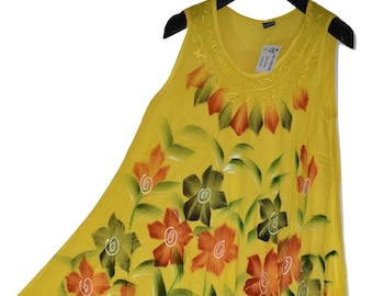 Women's Umbrella Dress, Hand-Painted, Flower Dress, Embroidered, Viscose Rayon, Midi Top, Made in India, Yellow