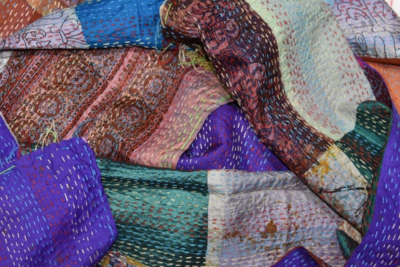 Indian Vintage Kantha Patchwork Exclusive Scarf, Silk Scarf, Handmade Women's Stole, Tapestry, Throw, Table Runner #KSCF574
