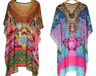Set of 2 Printed Kaftans, Rhinestone Studded Caftans, Light Weight Short Dress,  Digitally Printed Top, One Size, Free Size