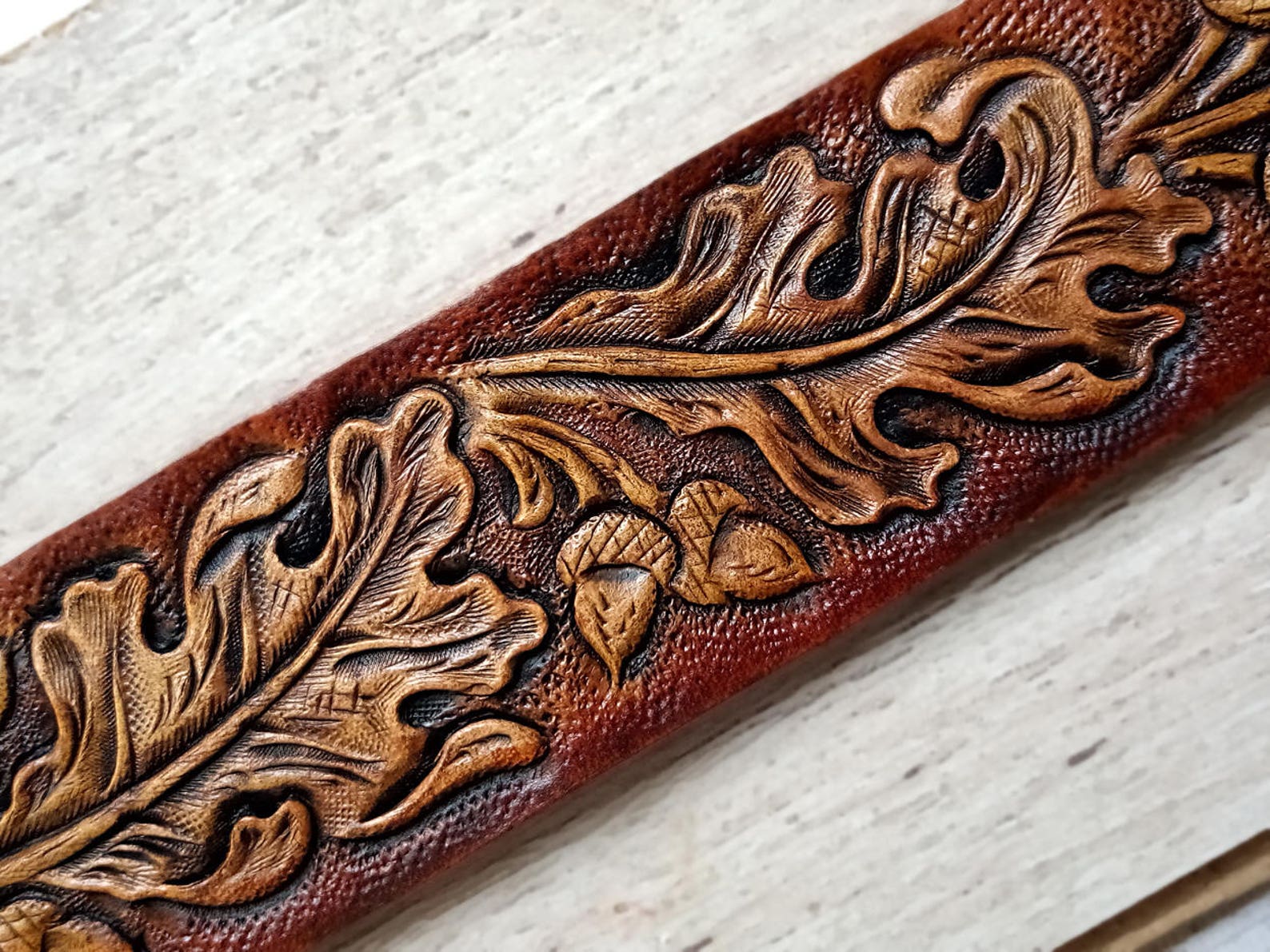 Tooled Leather Gun Belt Personalized Oak Leaves Acorns Hand Etsy