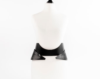 MYSTERIOUS Organic Leather Belt Laser Cut Avant Garde Futuristic Statement Waist Accessory