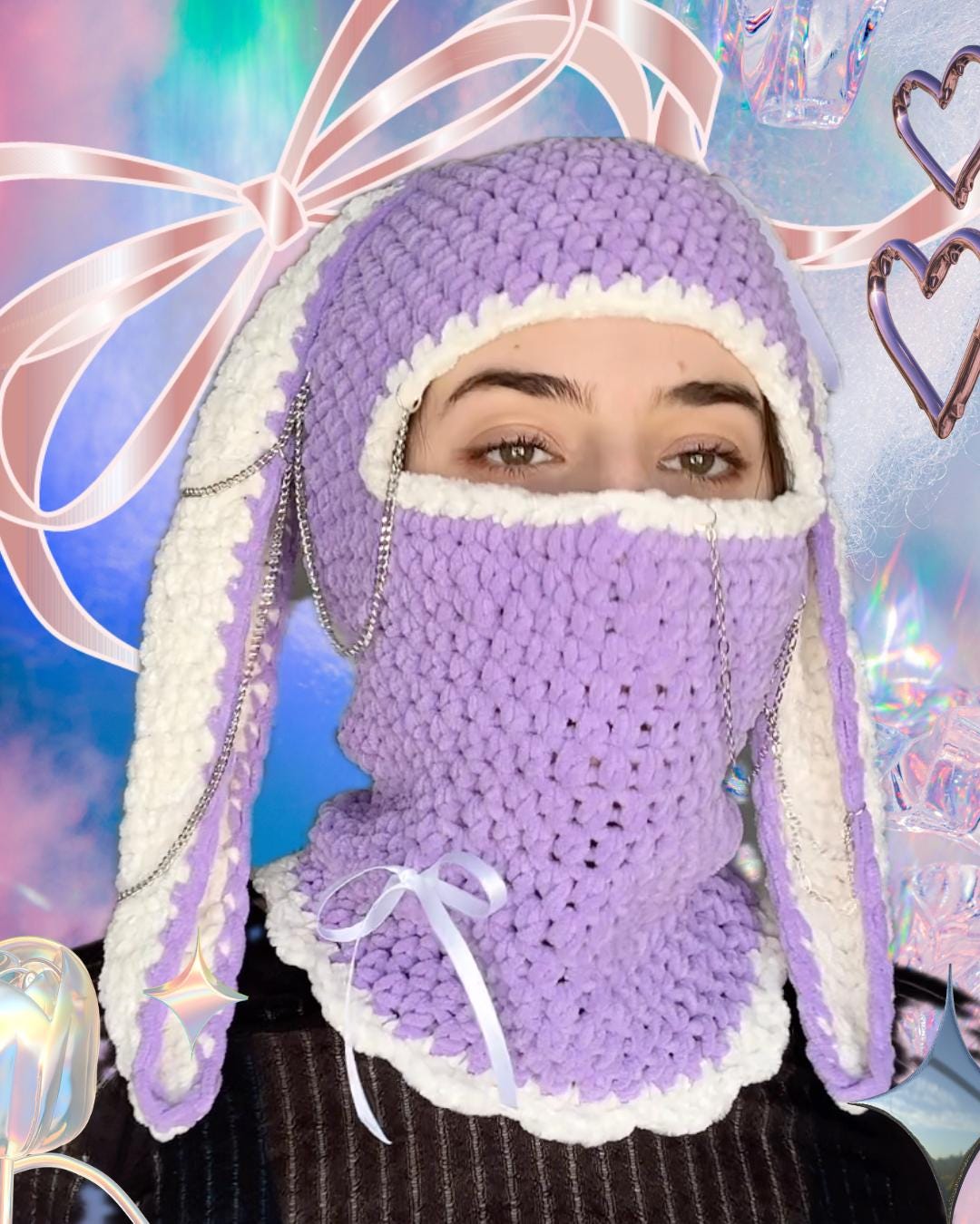 Bunny Balaclava, Alt Festival Rave Pierced Ski Hood, Easy Crochet