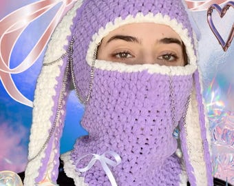 Bunny Balaclava, Alt Festival Rave Pierced Ski Hood, Easy Crochet Pattern