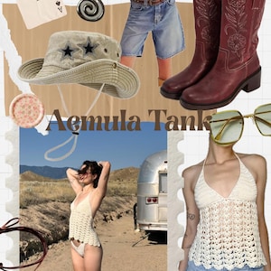 May include: A collage featuring a variety of fashion items. Includes a beige hat with star accents, a pair of burgundy cowboy boots, a cream-colored crochet halter top, denim shorts, and a playing card. The text "Aemula Tank" is visible.