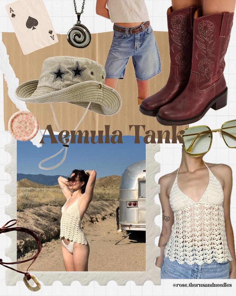 May include: A collage featuring a variety of fashion items. Includes a beige hat with star accents, a pair of burgundy cowboy boots, a cream-colored crochet halter top, denim shorts, and a playing card. The text "Aemula Tank" is visible.