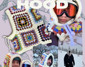 May include: The image showcases a collection of colorful, crocheted Alpine Hoods. The hoods feature a granny square design with various colors. The text "ALPINE HOOD" is displayed at the top. The image also includes people wearing the hoods.