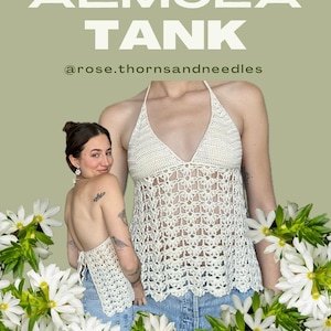 May include: Cream-colored, handmade crochet halter top. The top features a delicate openwork design and a halter neck. The words "AEMULA TANK" are displayed in large white letters at the top of the image, with the Instagram handle "@rose.thornsandneedles" below.