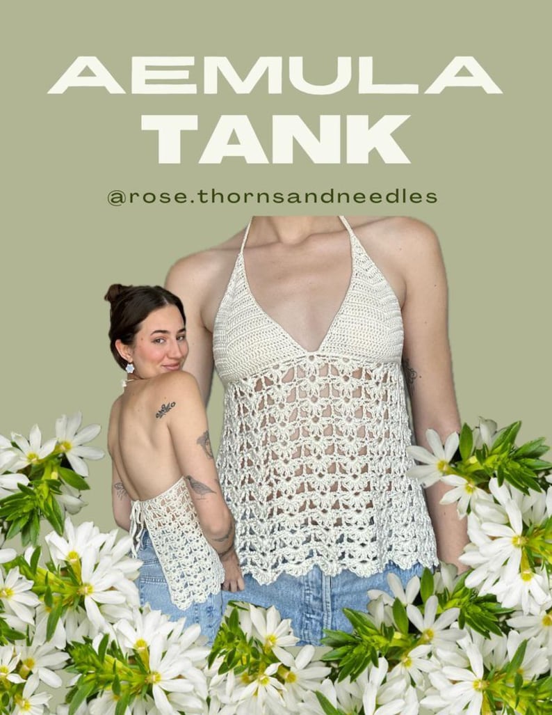 May include: Cream-colored, handmade crochet halter top. The top features a delicate openwork design and a halter neck. The words "AEMULA TANK" are displayed in large white letters at the top of the image, with the Instagram handle "@rose.thornsandneedles" below.