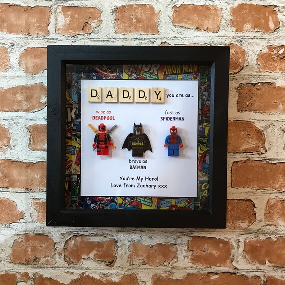Personalised Gift Present Lego Frame Superhero Dad Daddy Grandad Spiderman