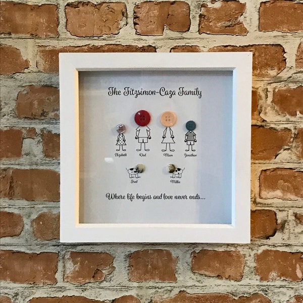 Button Family White Box Frame - Shabby Chic - Cute Gift, Family, Friends, Nursery, Class Teacher, TA's