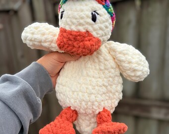Della Duck Lovey avec serre-tête arc-en-ciel - Jouet de confort en peluche fait main