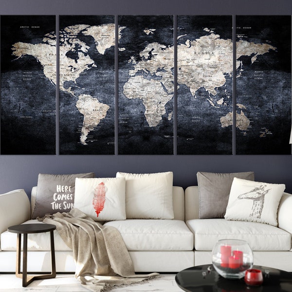 Push Pin World Map | Watercolor World Map Painting | Large World Map Wall Art | Corporate Art | Office Decor | Huge Painting Hotel Lobby Art