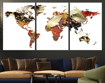 World Map of Spices Canvas Wall Art, World Map Print, Map Artwork of Spices and Herbs, Kitchen Wall Art, Home Decor, Large Canvas Print