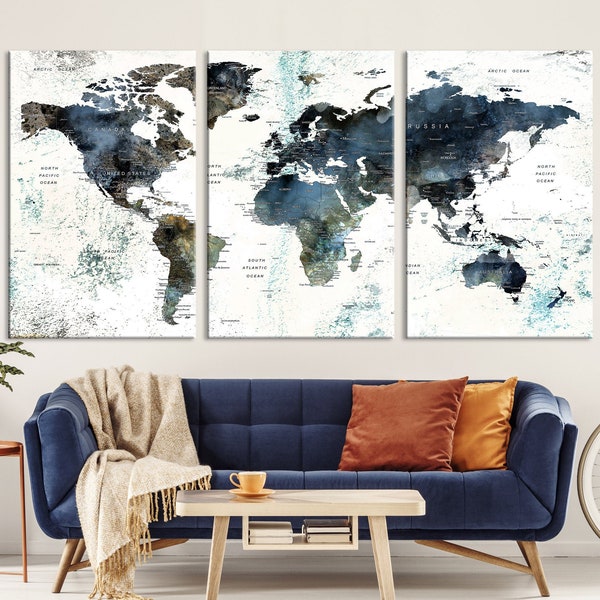 Extra Large Watercolor World Map Canvas Wall Art, Push Pin World Map Canvas Print, Set of 3 Panel World Map, World Map Canvas Artwork