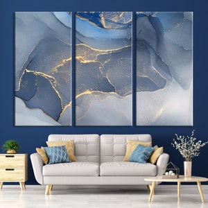 Blue Abstract Canvas Wall Art Blue Gold Marble Art Print - Etsy