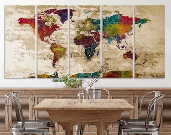 Detailed World Map Canvas Wall Art, Country Names and Major Cities World Map Print, Travel Map Push Pin