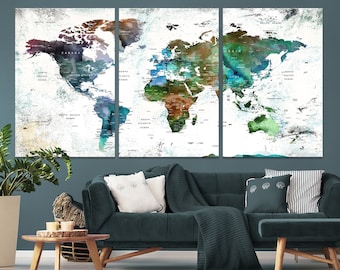 Triptych Watercolor World Map Push Pin | Map of the World Canvas Print | Detailed Travel Map Push Pin