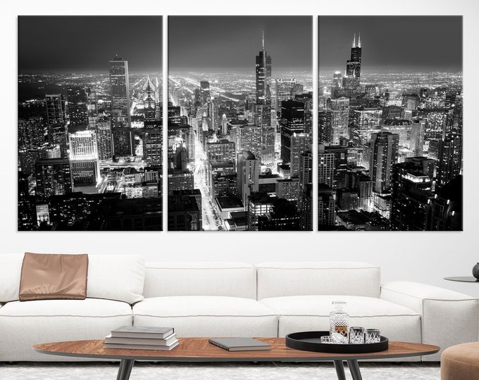 XLarge Chicago City Wall Art Canvas Print, Black and White Chicago Skyline at Night, Skyscrapers Wall Art, City Skyline Wall Art, Home Decor