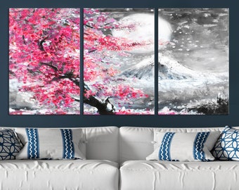Cherry Blossom Canvas Print Large Wall Art, Modern Sakura Print, Framed Set of 3 Printed Original Cotton Canvas