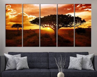 Elephant African Landscape Original Painting AcrylicCanvas Board Golden Rise by Pamela Faber-Greaves Savanna Umbrella Thorn Acacia Tree