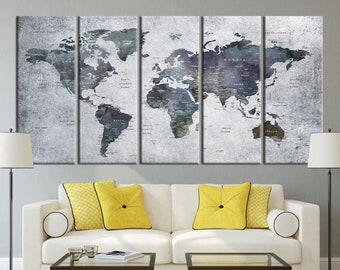 XLarge Watercolor Push Pin World Map Canvas Print - Personalized Dark Coloured World Map w/ Countries and Major Cities, Birthday Gift